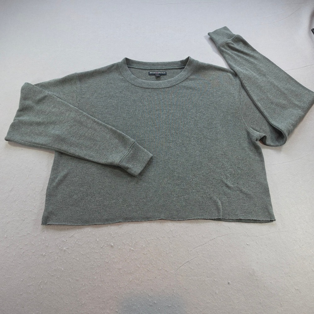 Brandy Melville One Size Olive Green Cropped Long Sleeve Sweatshirt Raw Hem